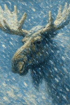 Eland in de sneeuwstorm (dromerig krachtig schilderij dikke acrylverf stilte koel zacht ijskoud Scandinavië) van Natalie Bruns