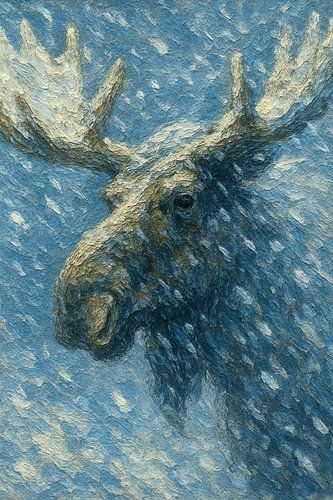 Moose in the blizzard (dreamy powerful painting silence cool soft icy Scandinavia)