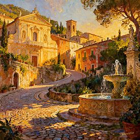 Romantisches Dorf – Goldener Abend im Dorf von Johannas Art Creations