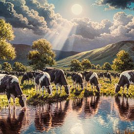 paysage de montagne avec des vaches qui boivent sur Digital Art Nederland