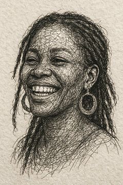 Joy of life (wire portrait woman dark skin rasta dreadlocks black white beige paper) by Natalie Bruns