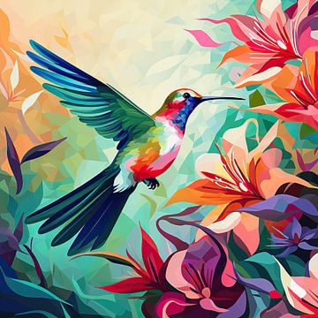 Danse du colibri coloré | Art animalier coloré sur Blikvanger Schilderijen