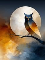 Owl Silhouette with Gold Eyes Under Moon Graphic Wall Art