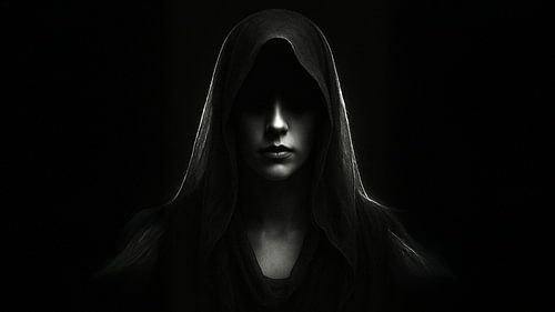 wart-wit portret van vrouw met mysterieuze kap – Elegante en dramatische wanddecoratie