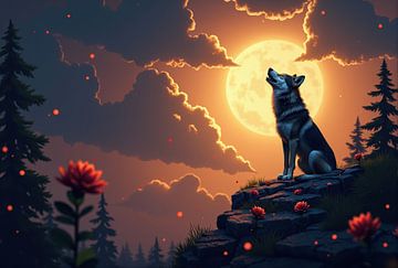 Wolf huilt bij maan met bloemen en bos van Markus Gann