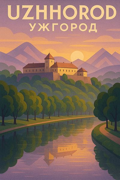 Uzhhorod Castle Art Print – Ukraine Carpathian Landscape &amp; River Poster by Travel Shop