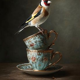 Chardonneret sur des tasses vintage dans une lumière douce sur But First Framing