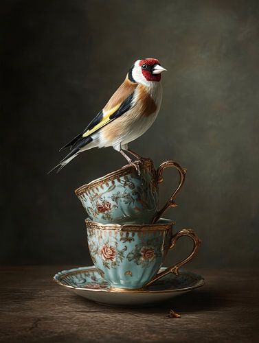 Distelfink auf Vintage-Tassen in sanftem Licht von But First Framing