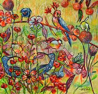 Ein fröhliches Gemälde mit Vögeln, Blumen und Schmetterlingen