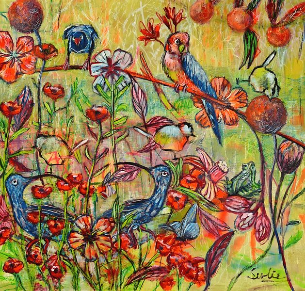 Ein fröhliches Gemälde mit Vögeln, Blumen und Schmetterlingen von Gemälde Liesbeth Serlie