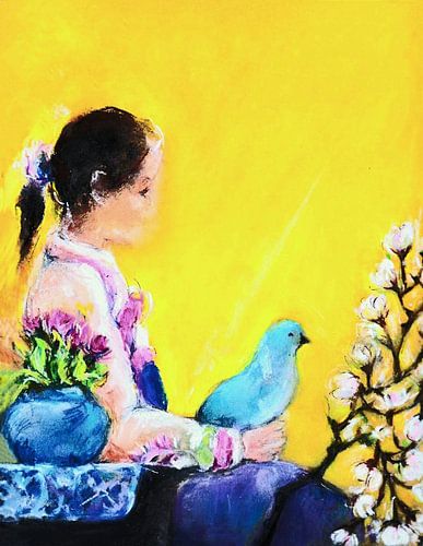 Fille japonaise avec son pigeon. Peint à la main avec de la craie pastel.