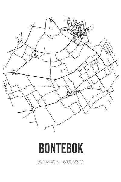 Bontebok (Fryslan) | Map | Black and White by Prints of Place