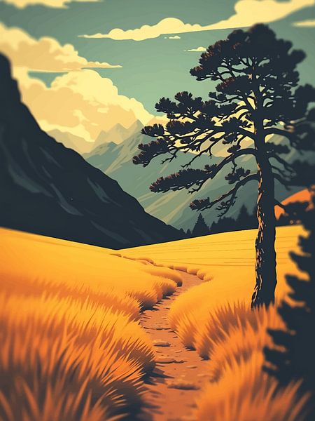Golden Hills with Lone Tree – Minimalist Landscape Poster by Ini Rendybovi
