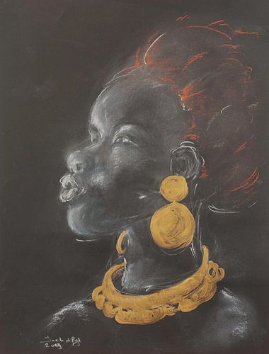 Jeune femme africaine avec des bijoux en or.(mixed medium ) sur Ineke de Rijk