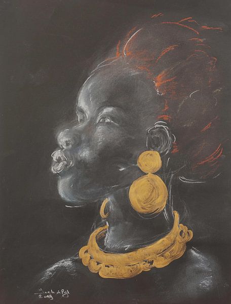 Junge Afrikanerin mit Goldschmuck.(Mischtechnik) von Ineke de Rijk