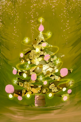 A whimsical Christmas tree in the woods.