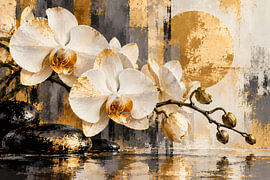 White orchid with Zen stones | Elegant floral art in cream, black and gold | Landscape-format poster by ButterflyPix