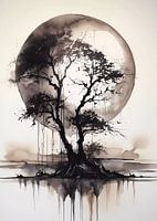 Aquarel zwarte boom in de maan