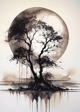 Aquarelle arbre noir dans la lune sur haroulita