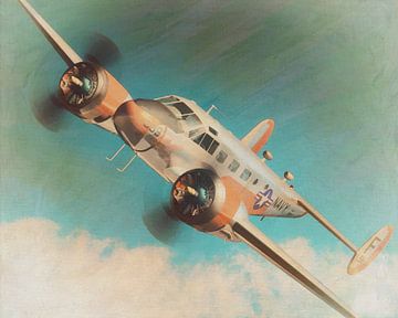 Retro Style Painting Of A Flying Beechcraft 18 SNB-5