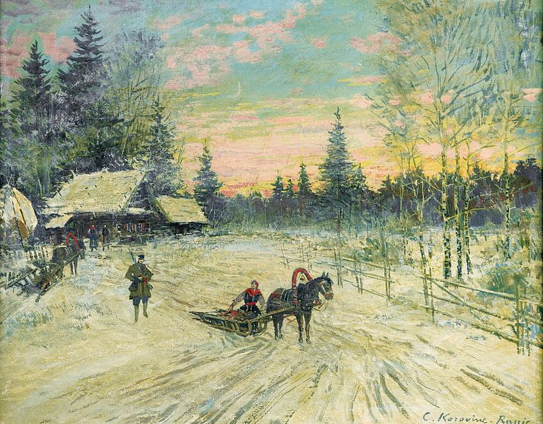 Konstantin Alexeyevich Korovin - Jonge vrouw in een slee loopt weg van een jager van Peter Balan