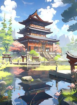 Japanischer Tempel in der Nähe eines Sees und eines schönen Gartens von Jan Bechtum