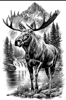 Majestic Moose Engraving PNG | Bull Moose Mountain Artwork | Wildlife Forest Illustration