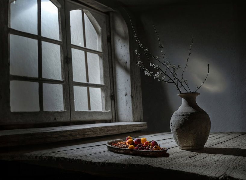 Vase mit Blumenzweig und einem Behälter mit verrottendem Obst von Ans Bastiaanssen