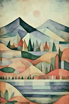 Abstrakte Berglandschaft mit einem See und Bäumen