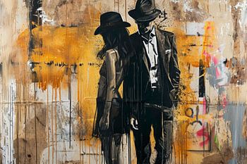 Man en vrouw met hoeden - Elegant graffiti kunstwerk