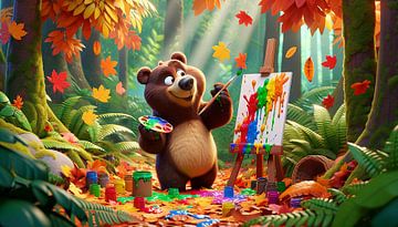 Herfst schildersessie met een getalenteerde beer van artefacti
