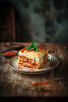 Airy lasagne on a rustic table by Poster Art Shop