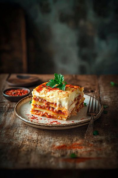 Luftige Lasagne auf rustikalem Tisch von Poster Art Shop