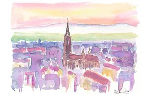 Freiburger Münster bei Sonnenuntergang in leuchtenden Stadtbildfarben