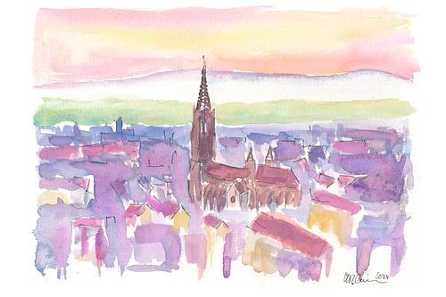 La cathédrale de Fribourg au coucher du soleil dans les couleurs vives de la ville