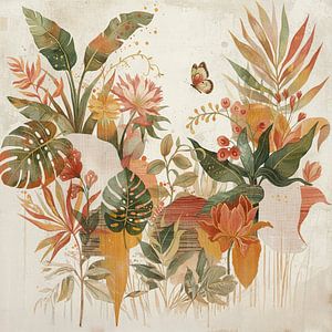 Design biophilique moderne avec des plantes tropicales dans des tons chauds et naturels