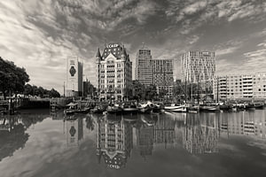 Het Witte Huis in Rotterdam met reflectie in water in zwart wit