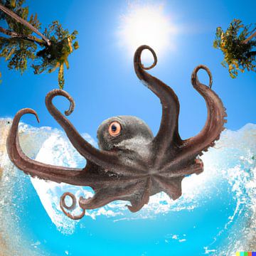 Octopus jumps out of clear blue water in tropical setting with palm trees by Maud De Vries
