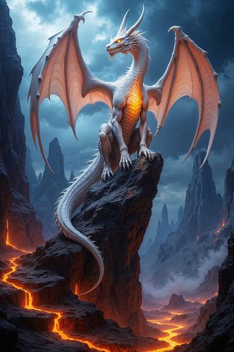 PYRAELION – De jonge witte draak omgeven door hete lava