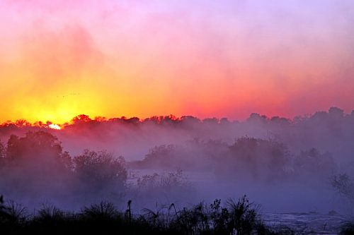 Sunrise with morning fog at a River in Africa 