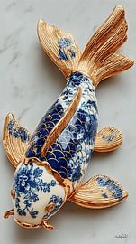 koi karper in delfts blauw en goud op een wit marmeren achtergrond van Gelissen Artworks