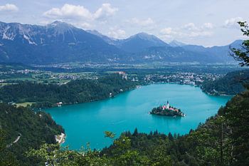 Lake Bled surrounded by mountains