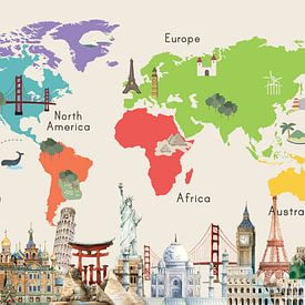 Carte du monde avec les lieux célèbres sur Creatieve Kaarten