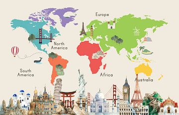 Wereldkaart met beroemde plaatsen