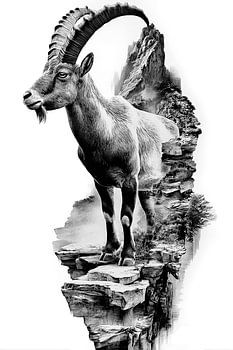 Alpine Ibex Cliffside Vintage Line Art