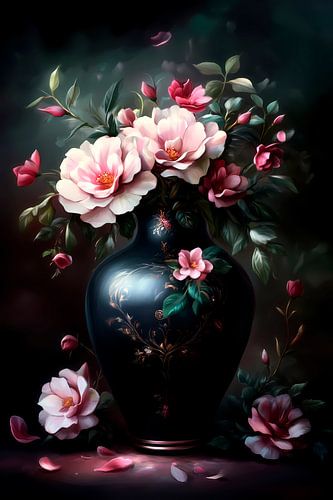 Mystical Floral Beauty: Soft Pink Serenity I Schwarze Vase mit rosa Blumen