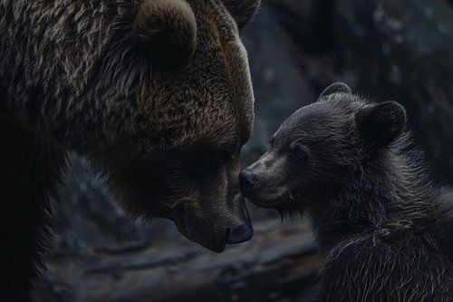 Moederbeer met haar welpje in het bos