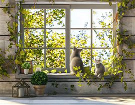 cat looks through window