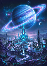 Futuristische Kristallstadt unter einem riesigen Ringplaneten, kosmische Skyline
