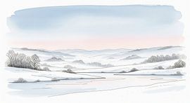 Aquarel illustratie van besneeuwd landschap met bomen en water van Markus Gann